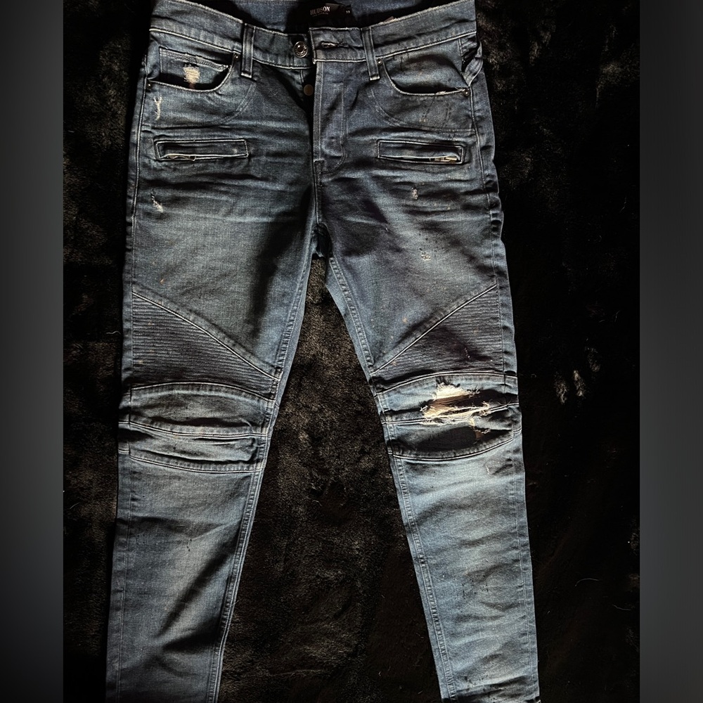 Hudson Slim 33” moto style jeans in “destructed oil” color way. New with tags.